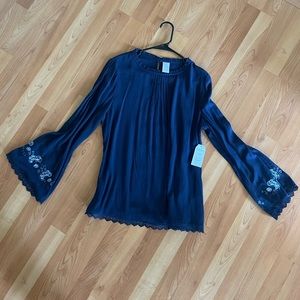 Navy blue long sleeve blouse with embellished sleeves